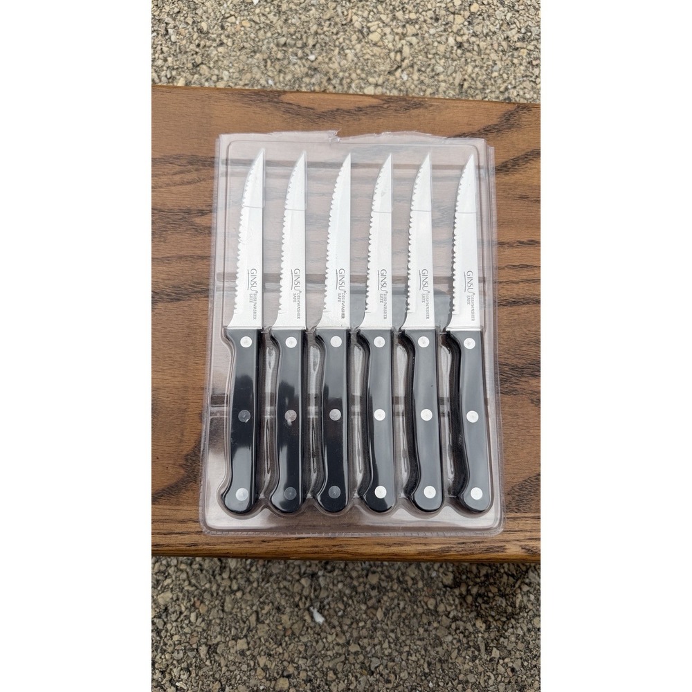 Ginsu Set of 6 Serrated Steak Knives Black Handles Stainless